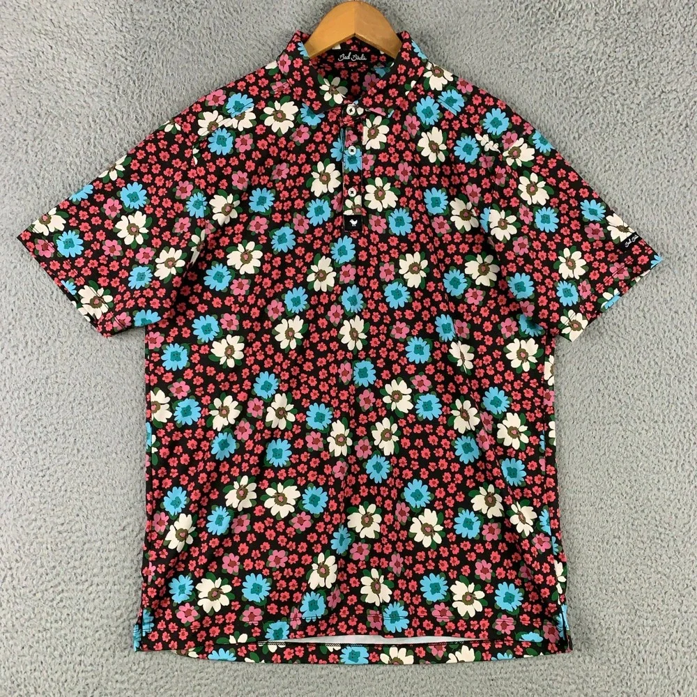 Bad Birdie Flower Power Golf Polo Shirt Men's Large Multi Floral Performance Top - Picture 3 of 10
